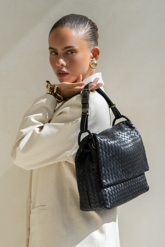 Emma Black Genuine Lambskin Leather Woven Flap Bag