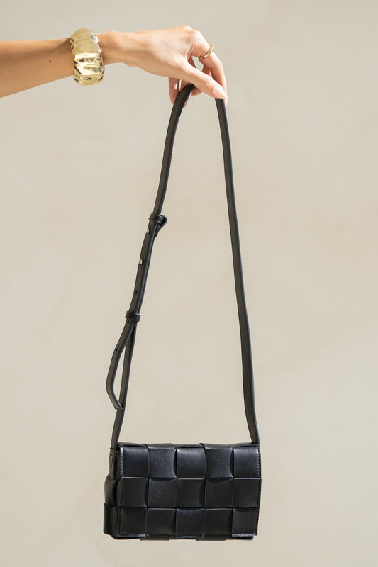 Jamie Black Genuine Lambskin Leather Woven Mini Crossbody Bag