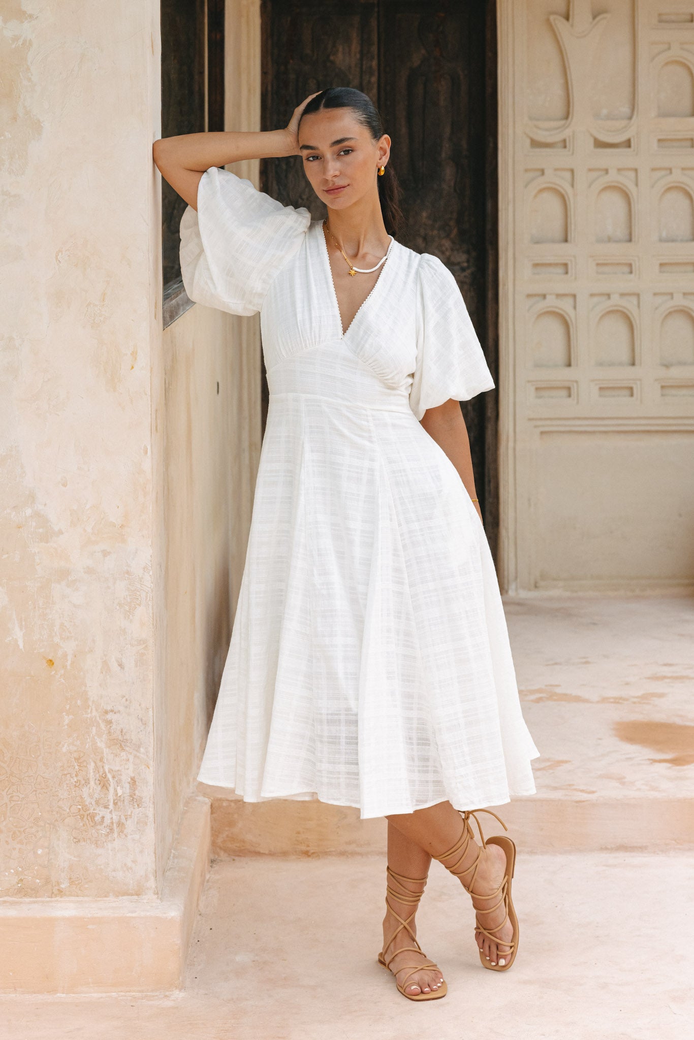 knee length dresses for ladies Weatherly Off-White Puff Sleeve Midi Dress knee length dresses for ladies Weatherly Off-White Puff Sleeve Midi Dress
