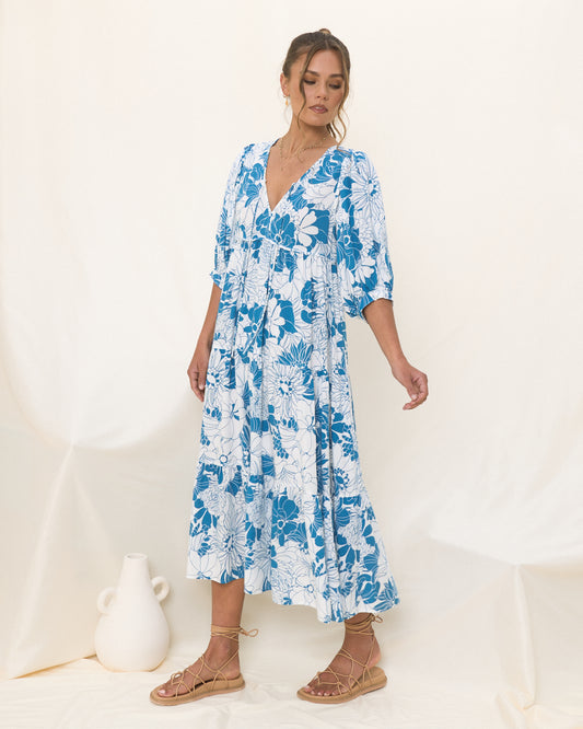 Cerulean Blue Floral Midi Dress