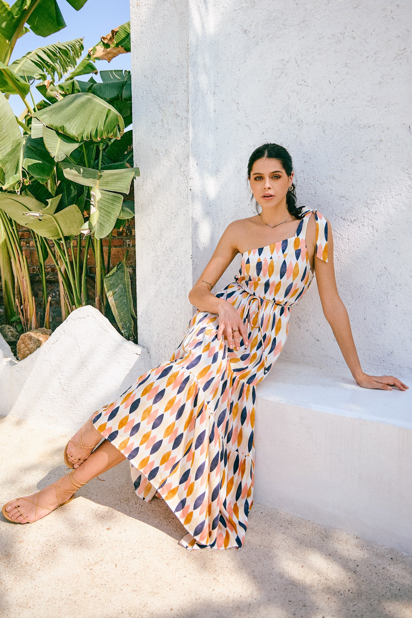 Heychic Witten Blue Orange Geometric One Shoulder Tie Maxi Dress, AU 14 Heychic Witten Blue Orange Geometric One Shoulder Tie Maxi Dress, AU 14