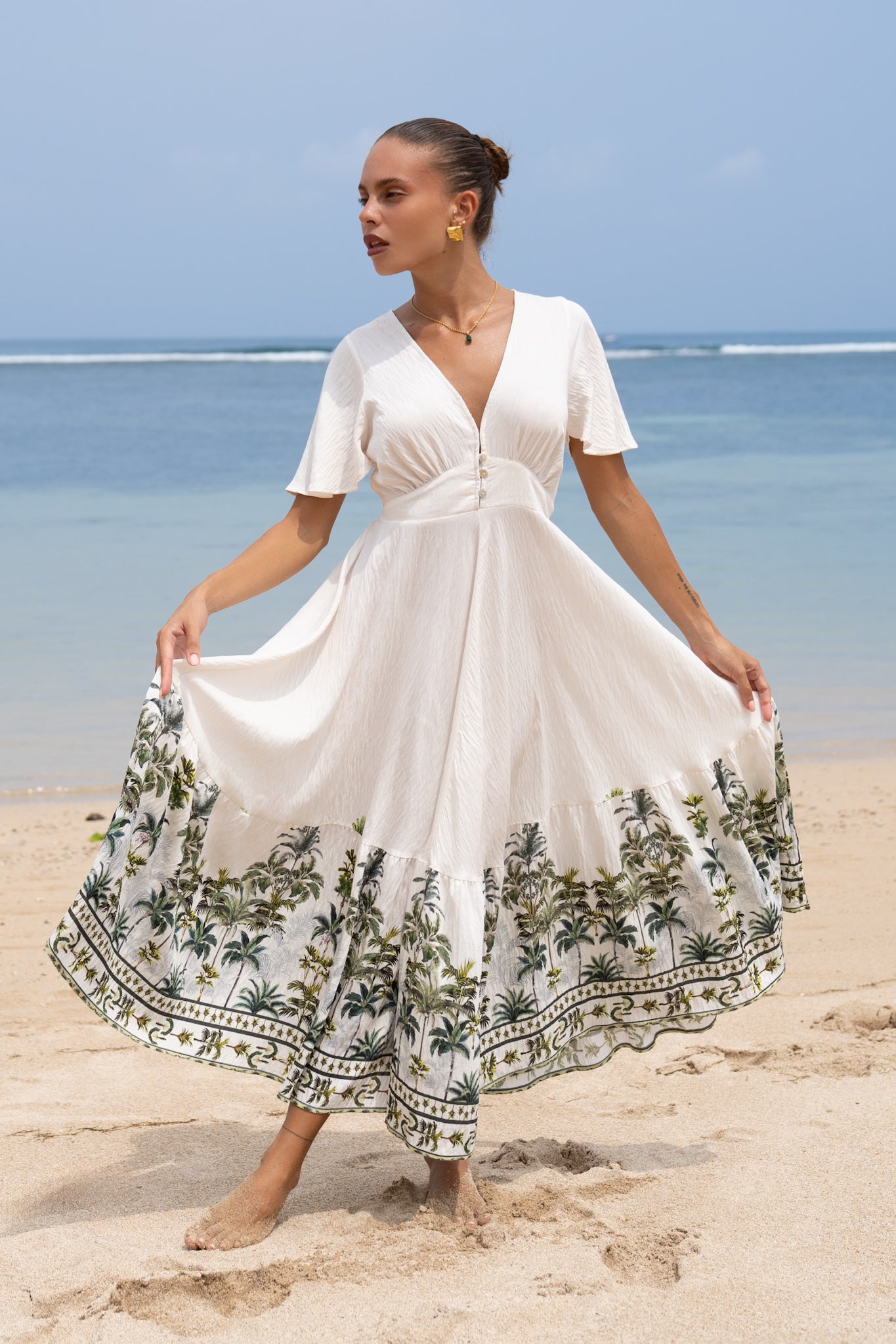 Sabina Green Tropical V-Neck Midi Dress - Main Image