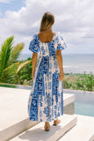 Thalyssa Blue Abstract Puff Sleeve Midi Dress