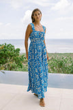 Oliana Blue Tropical Tile Flared Maxi Dress