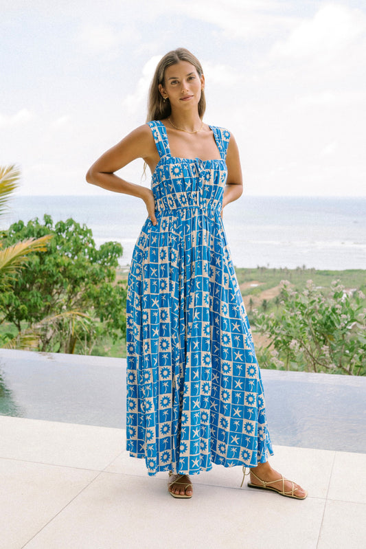 Oliana Blue Tropical Tile Flared Maxi Dress