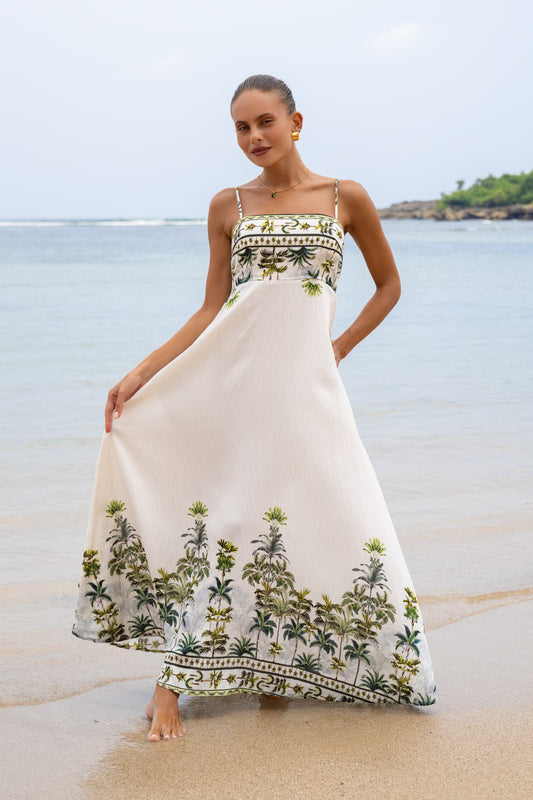 Sabina Green Tropical Flared Maxi Dress