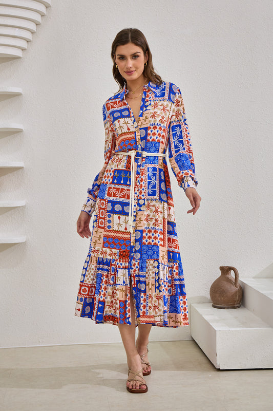 Cordelia Blue Abstract Patchwork Belted Midi Dress