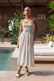 Sena Navy Brown Stripe Strapless Midi Dress Sena Navy Brown Stripe Strapless Midi Dress