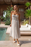 Sena Navy Brown Stripe Strapless Midi Dress Sena Navy Brown Stripe Strapless Midi Dress