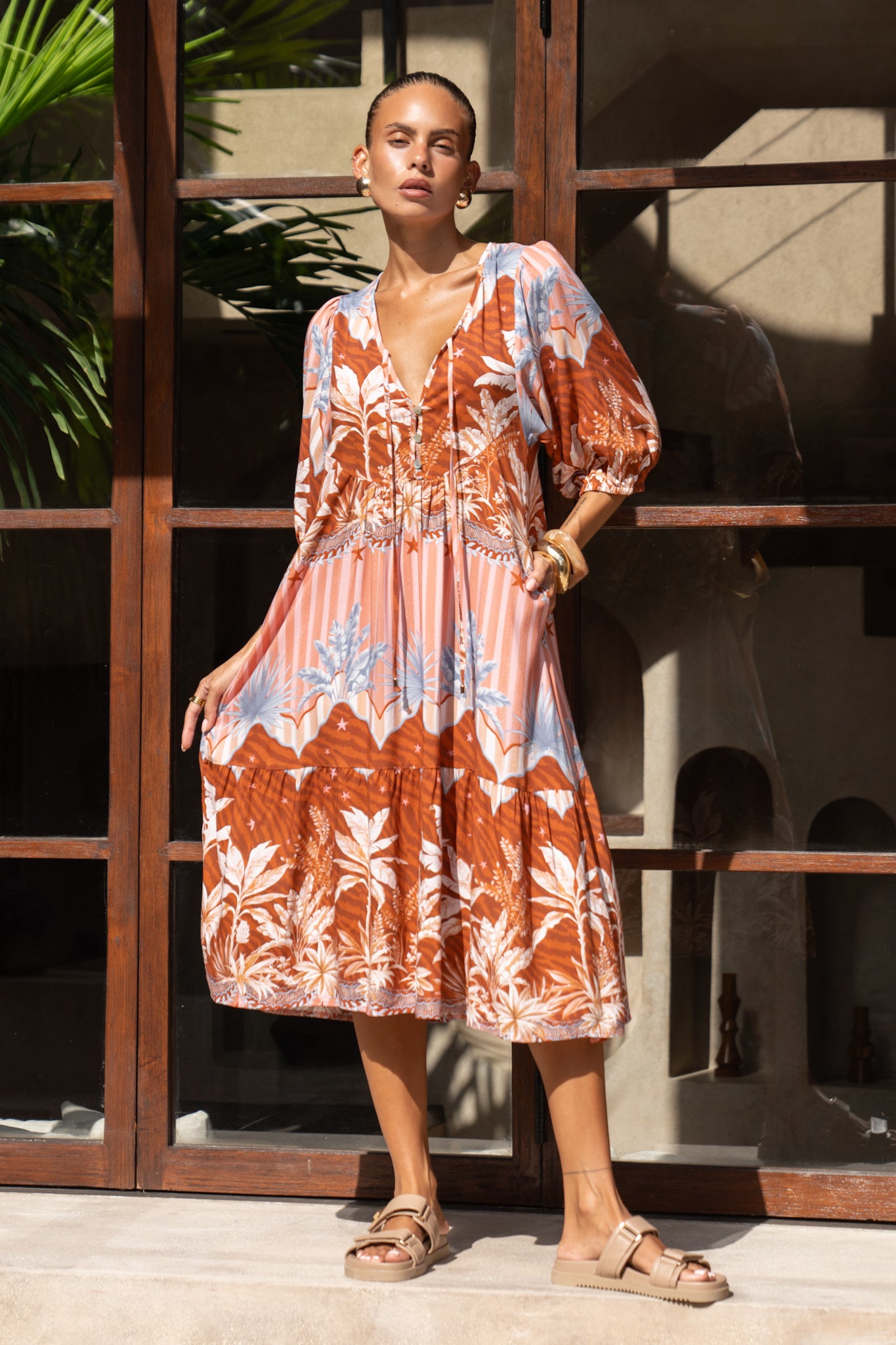 Heychic Nari Rust Brown Tropical Volume Sleeve Midi Dress, AU 8 Heychic Nari Rust Brown Tropical Volume Sleeve Midi Dress, AU 8