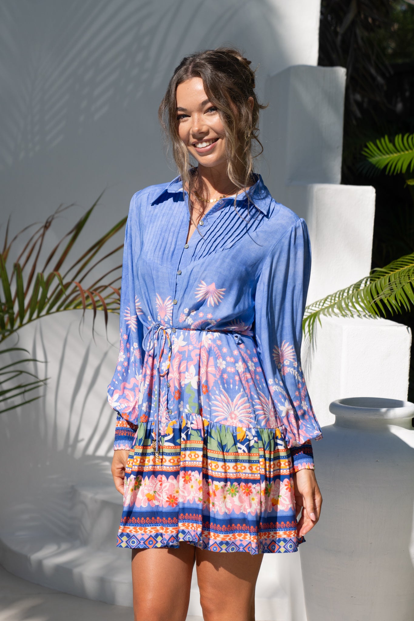 Heychic Indira Blue Boho Long Sleeve Pleat Detail Mini Dress, AU 16 Heychic Indira Blue Boho Long Sleeve Pleat Detail Mini Dress, AU 16