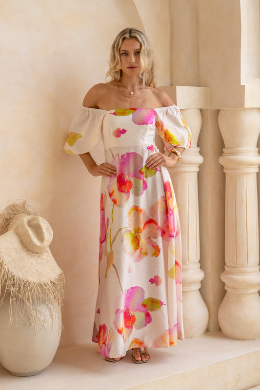 Jacinta Pink Floral Flared Sleeve Maxi Dress