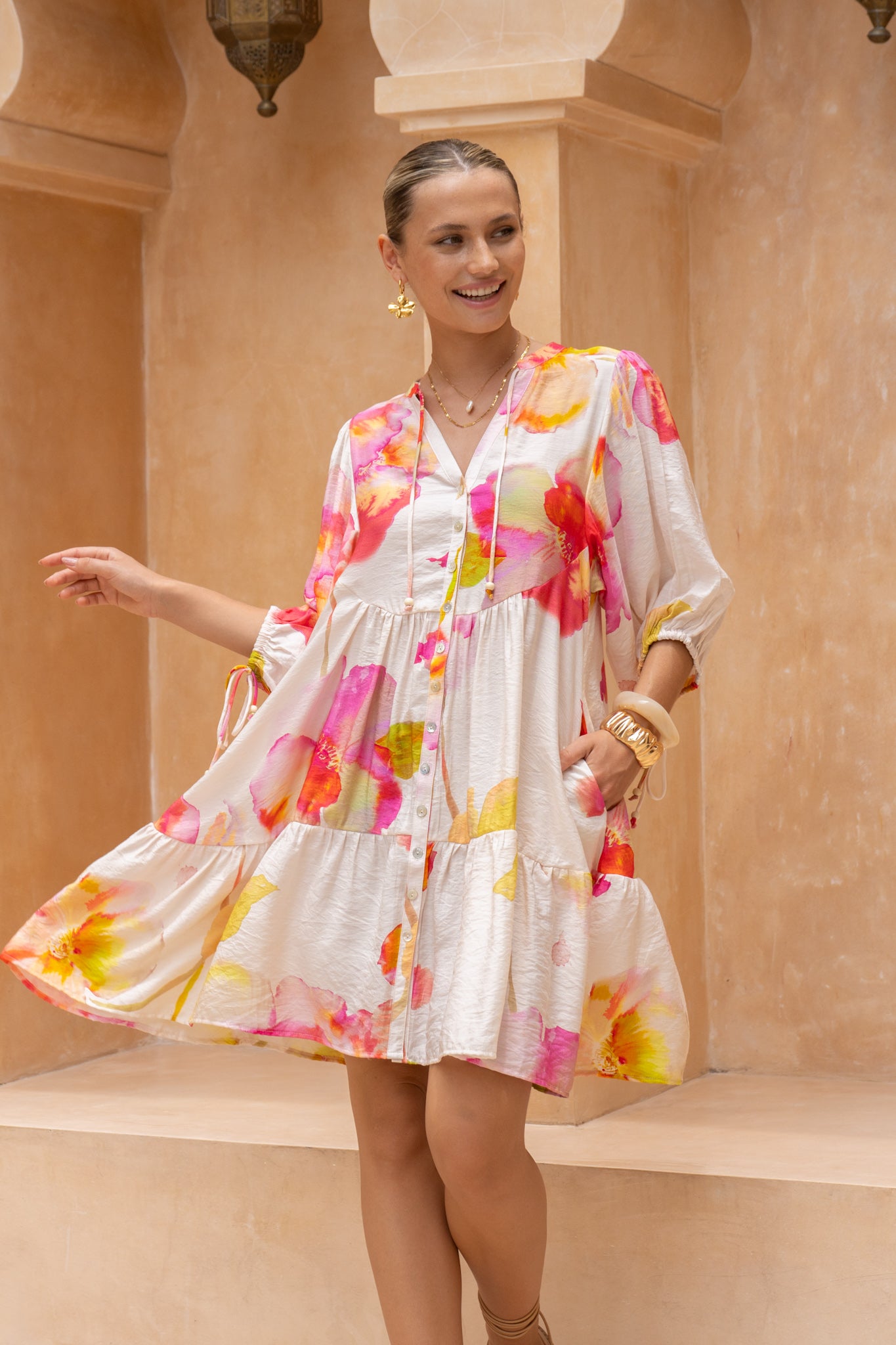 HEYCHIC Jacinta Pink Floral Button Down Mini Dress, AU 12