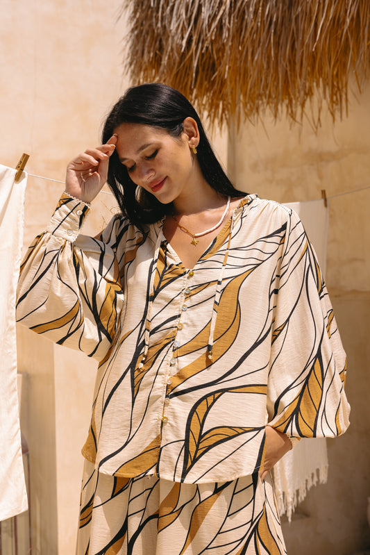 Rue Beige Abstract Balloon Sleeve Blouse