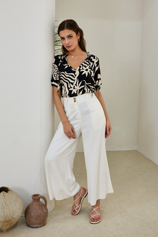 Cali Black Abstract Puff Sleeve Top