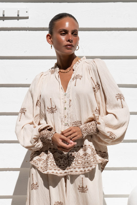 Kaena Brown Tropical Embroidered Balloon Sleeve Blouse
