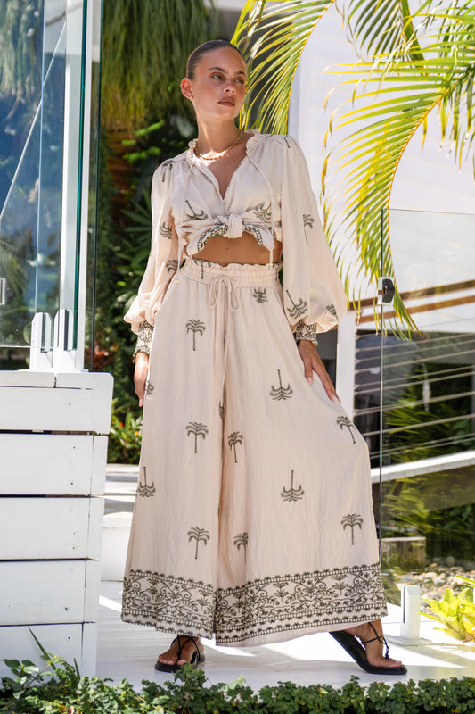 Kaena Beige Green Tropical Embroidered Wide Leg Cropped Pants