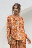 Lira Brown Spot Lace Trim Blouse Lira Brown Spot Lace Trim Blouse