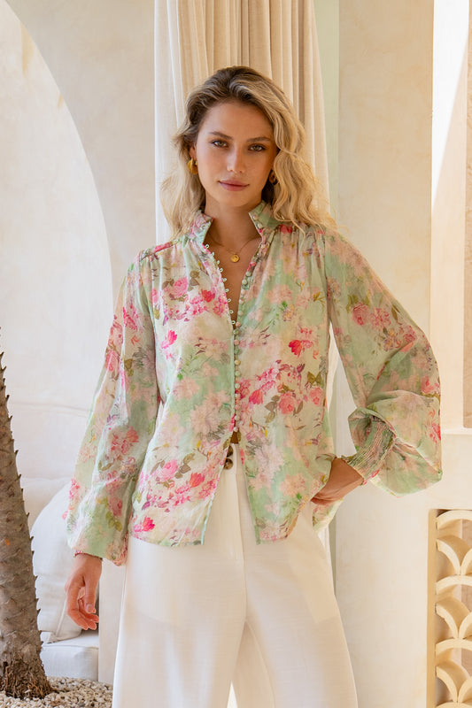 Sheila Green Pink Floral Balloon Sleeve Blouse