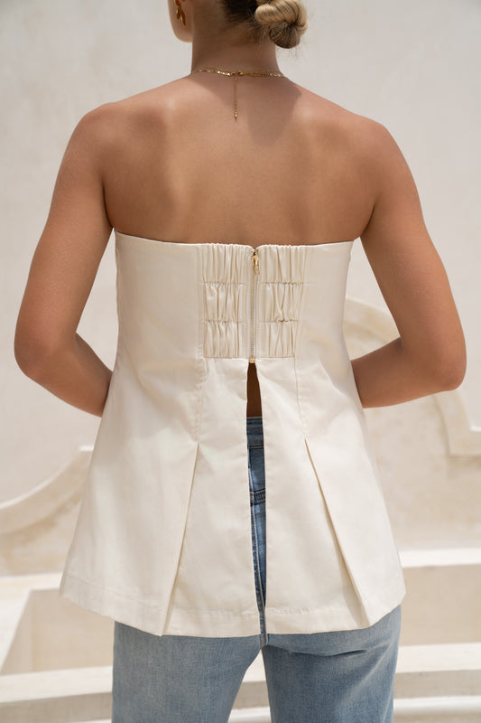 Avie Beige Pleated Strapless Top