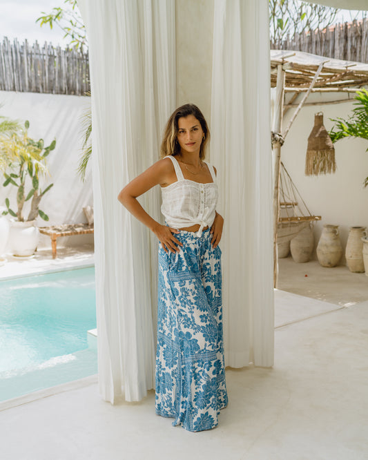 Tatiana Blue Floral Boho Wide Leg Pants