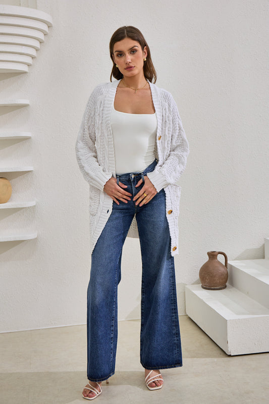 Dawn White Longline Cable Knit Cardigan