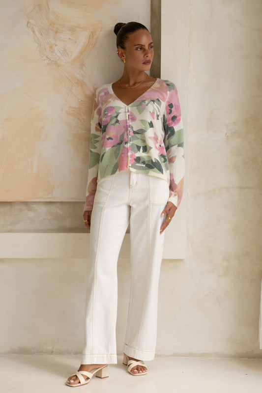 Margaret Pink Green Floral Knit Cardigan