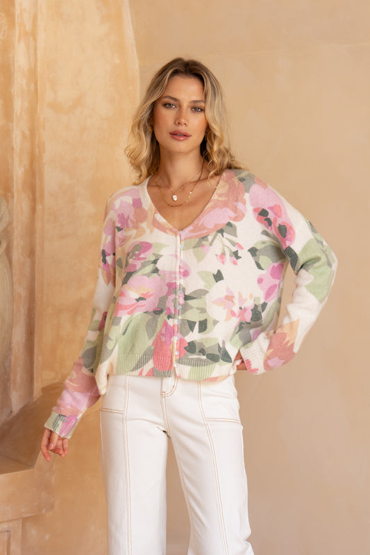 Margaret Pink Green Floral Knit Cardigan
