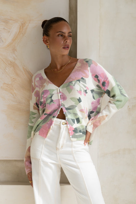 Margaret Pink Green Floral Knit Cardigan
