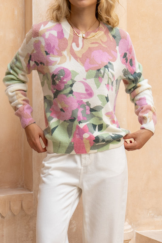 Margaret Pink Green Floral Knit Sweater