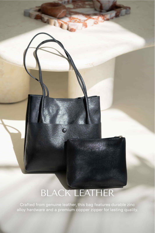 Nika Black Genuine Leather Pocket Tote Bag