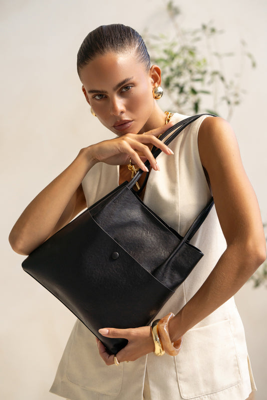 Nika Black Genuine Leather Pocket Tote Bag
