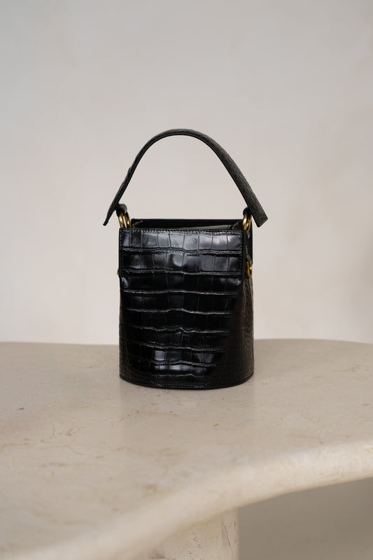 Nia Black Croc Embossed Genuine Leather Bucket Bag
