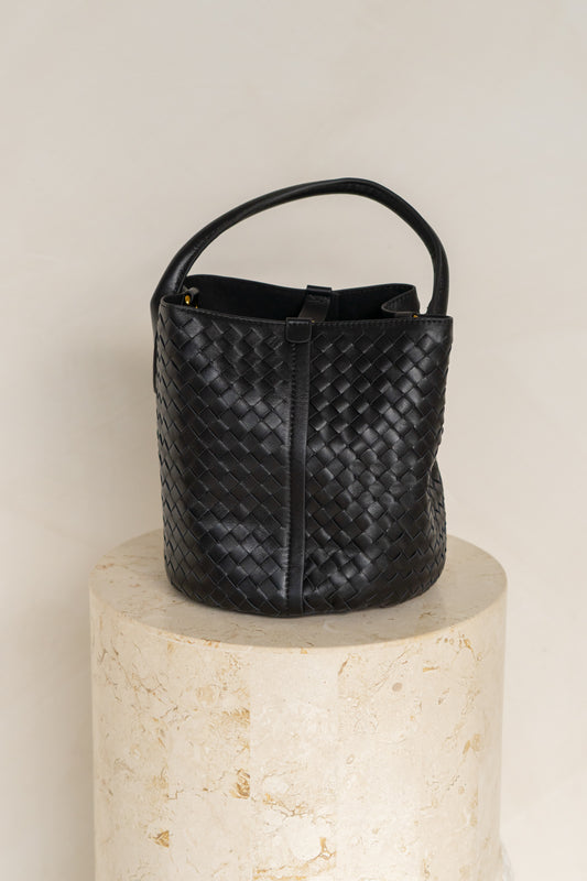 Kaia Black Genuine Lambskin Leather Woven Bucket Bag