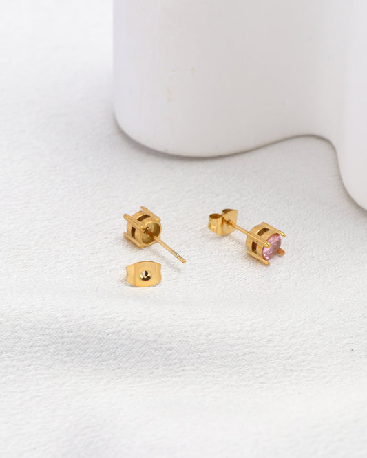 Pink 5mm Zirconia Gold Stud Earrings