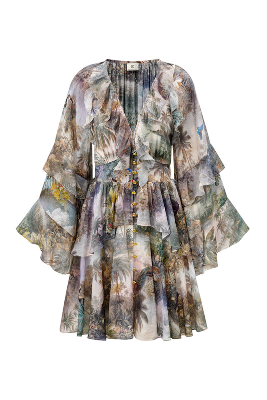 Paradise Green Tropical Ruffle Mini Dress