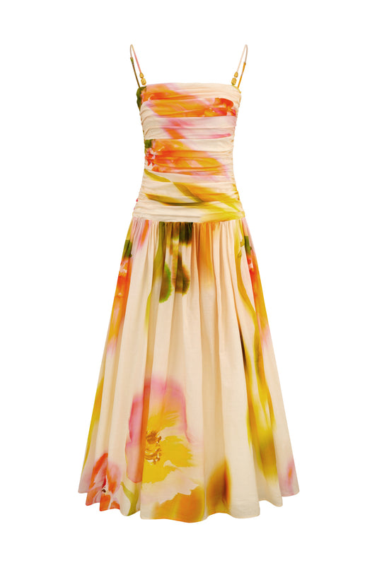 Golden Multi Floral Ruched Maxi Dress