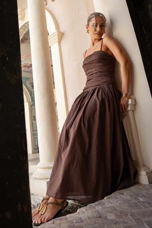 Simone Brown Ruched Maxi Dress