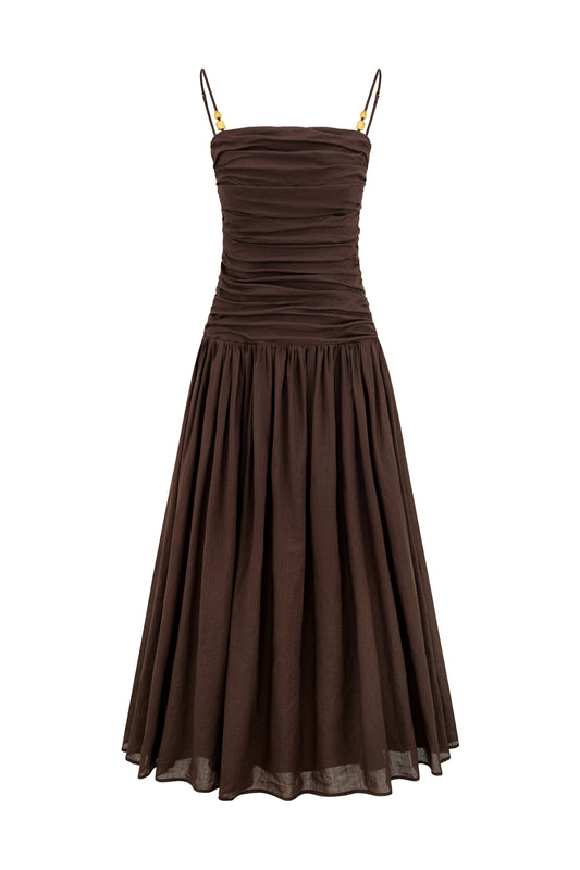 Simone Brown Ruched Maxi Dress