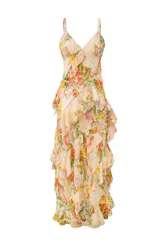 Sunfire Yellow Floral Ruffle Maxi Dress