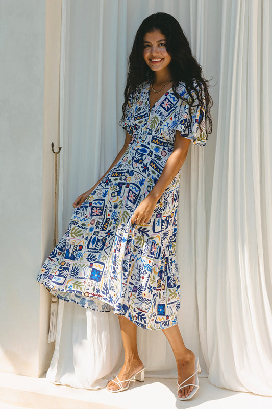 Zephyra Blue Abstract Print V-Neck Midi Dress