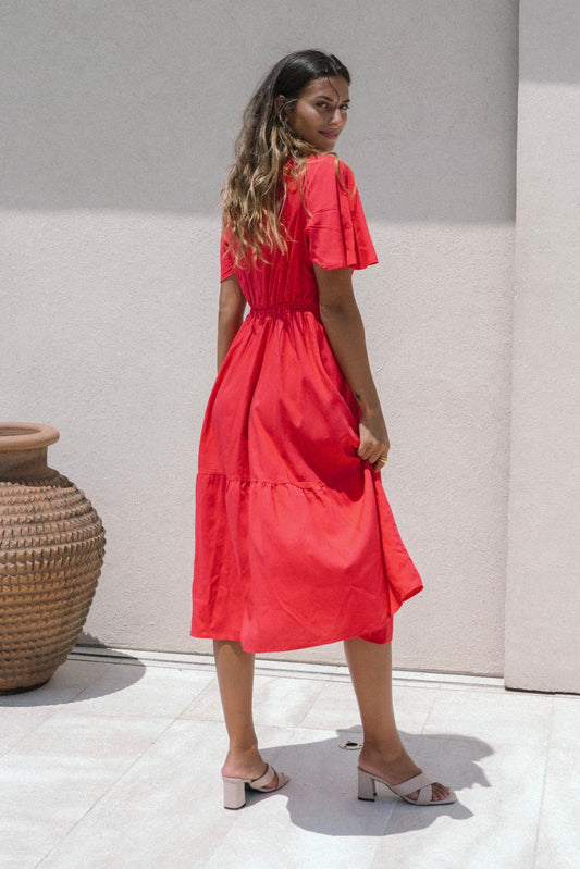 Elivia Red Flared Sleeve Midi Dress