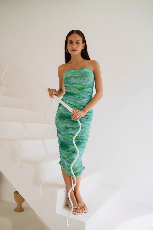 Kylie Green Abstract Mesh Ruched Bodycon Midi Dress