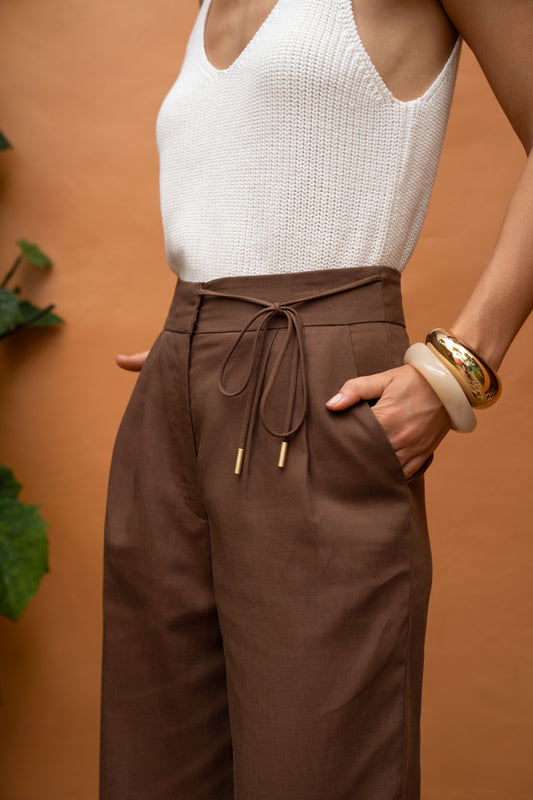 Adela Tie Detail Brown Pants