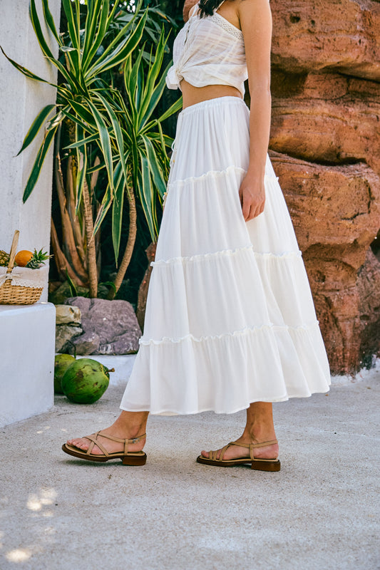 Marina White Seashell Tiered Maxi Skirt