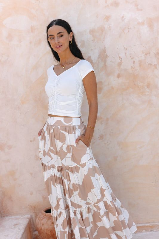 Rhiona Beige Geometric Tiered Maxi Skirt