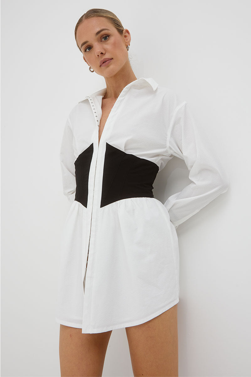 Reminisce White Black Corset Mini Shirt Dress – HEYCHIC