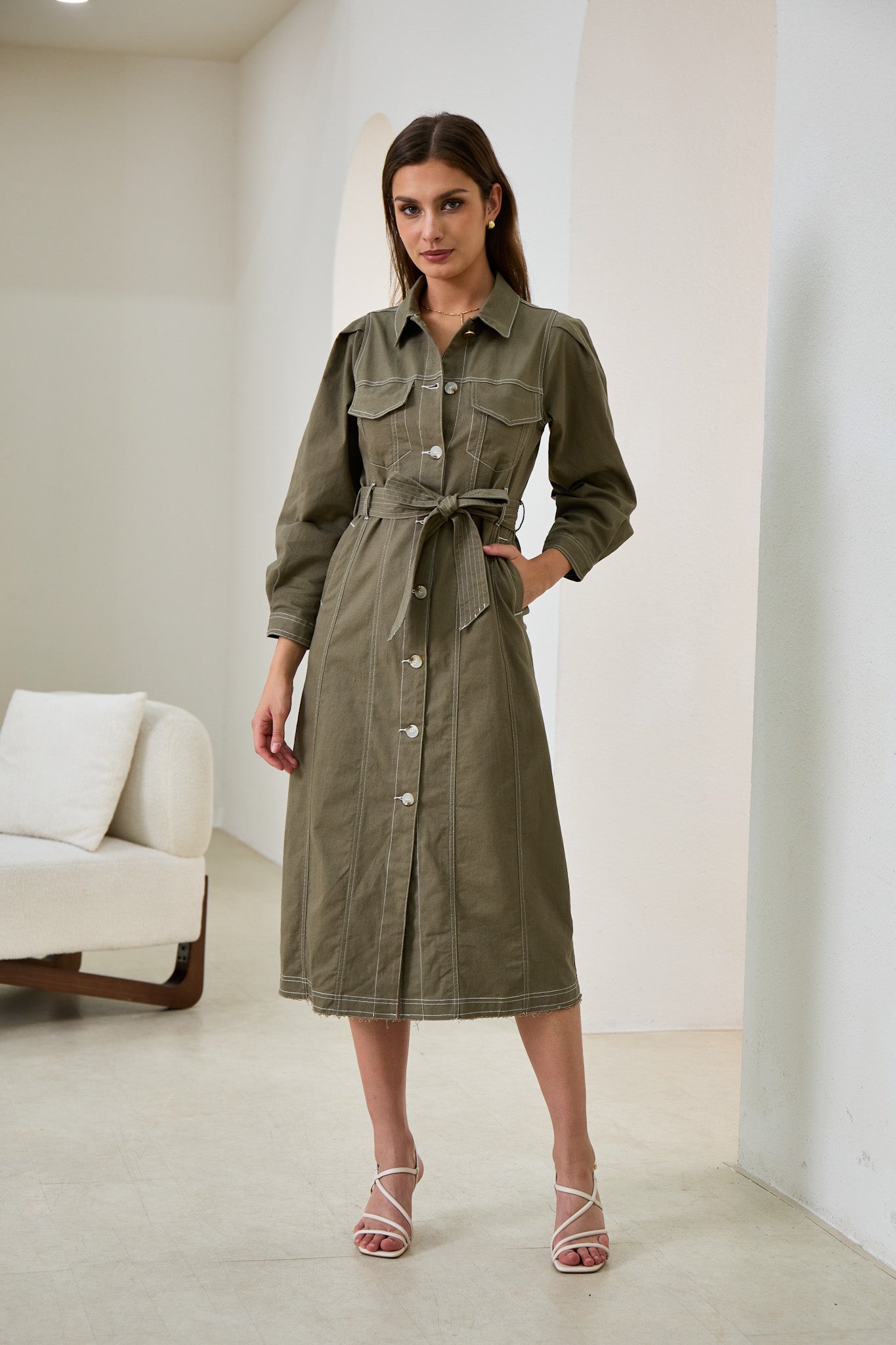 Heychic Cleo Khaki Green Button Down Belted Midi Dress, AU 6 Heychic Cleo Khaki Green Button Down Belted Midi Dress, AU 6