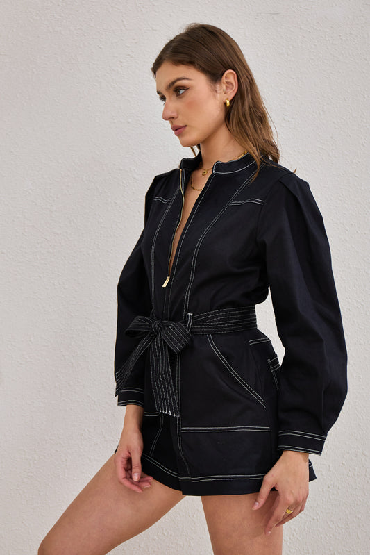 Asher Black Zip Front Long Sleeve Playsuit