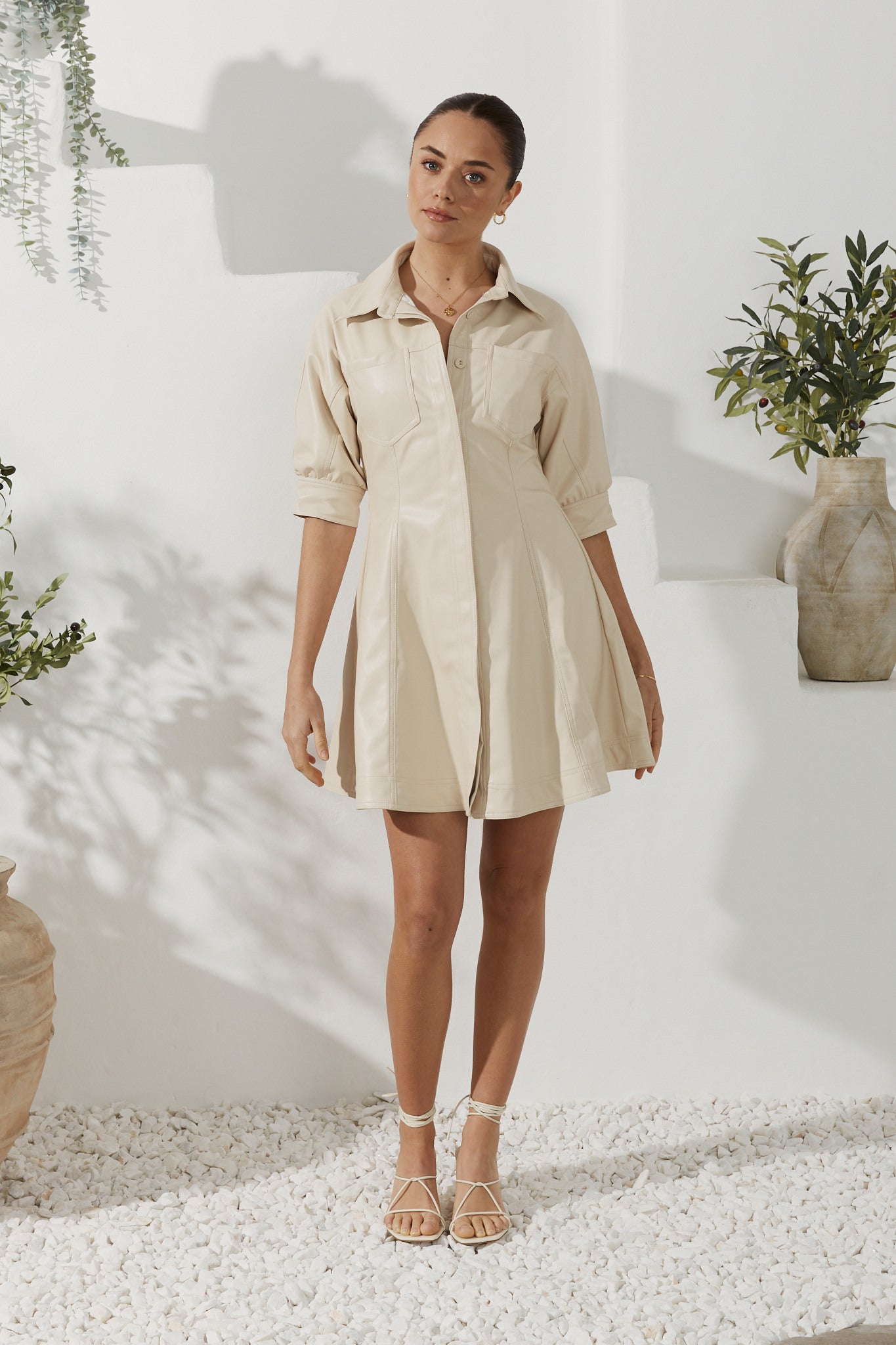 Aida Beige Faux Leather PU Mini Dress Aida Beige Faux Leather PU Mini Dress